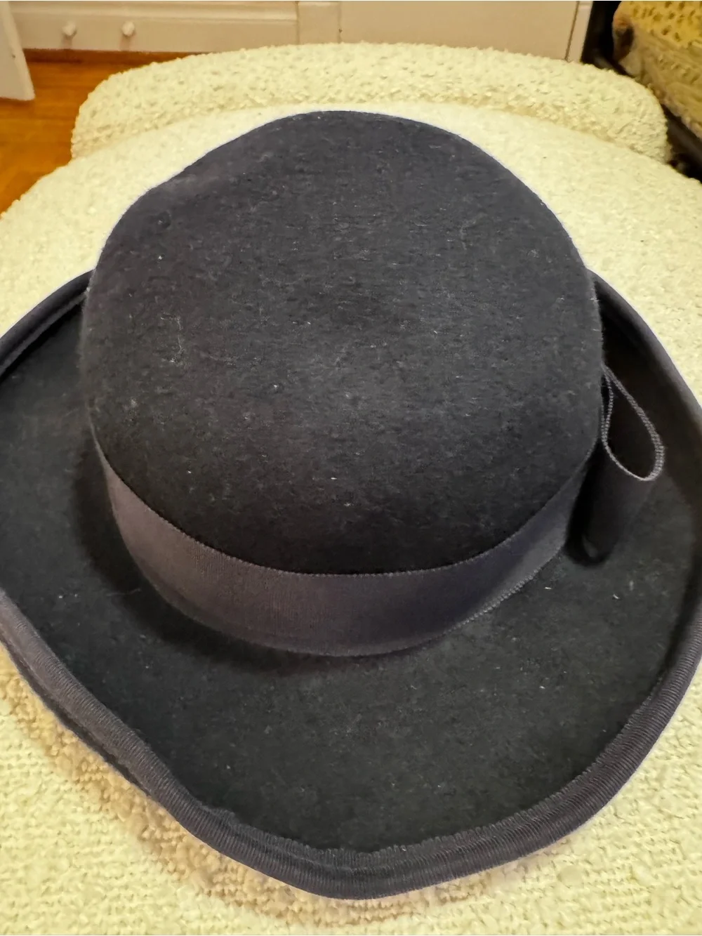 Classic Black Women's Wool Bowler Hat with Ribbon Trim